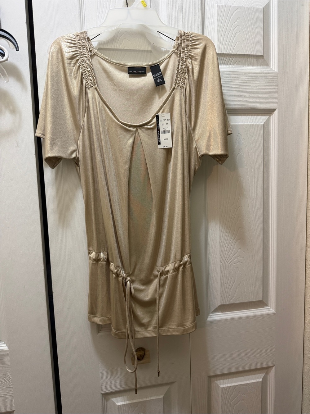 Metallic Gold Short Sleeve Drawstring Women's Top